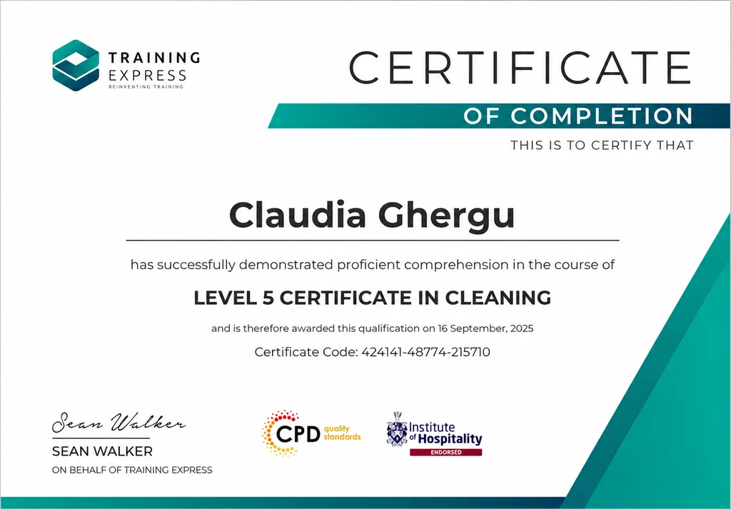 Certificate of Completion - Level 5 Certificate in Cleaning, awarded to Claudia Ghergu on 16 September 2025 by Training Express