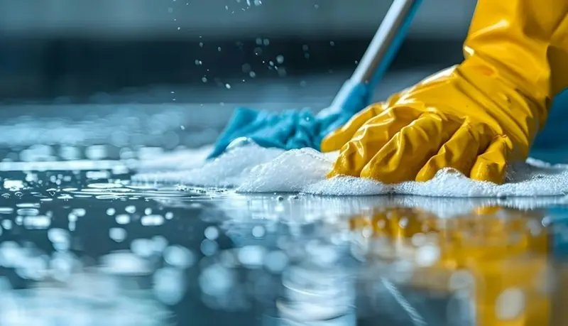Gloved hands scrubbing a floor during a thorough clean D&A Cleaning Ltd
