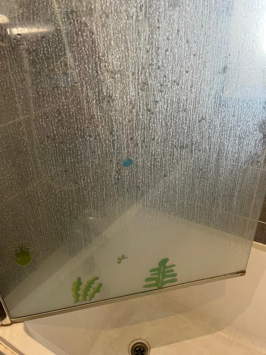 Glass shower screen heavily clouded with limescale before cleaning